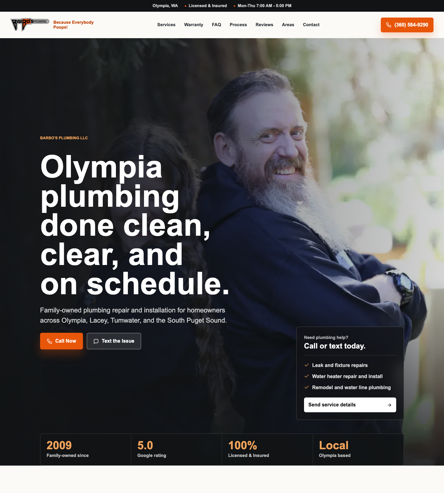 Redesigned Barbo's Plumbing homepage after the optimization